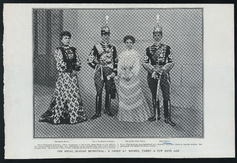 The royal Spanish betrothal : A group at Madrid, taken a few days ago (the queen mother, Prince Ferdinan of Bavaria, the Infanta Maria Teresa [and] King Alfonso)